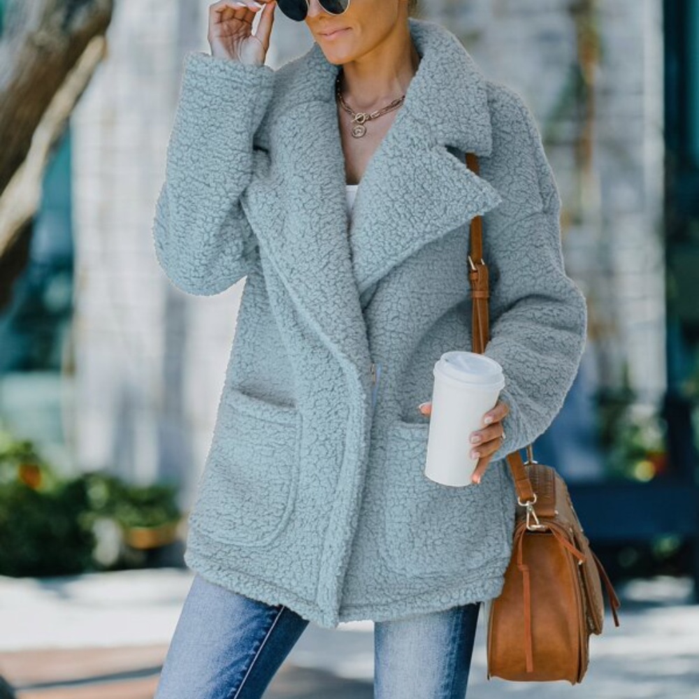 Cozy Khaki Tan Wide Collar Teddy Jacket Coat Oversized - Picture 6 of 16